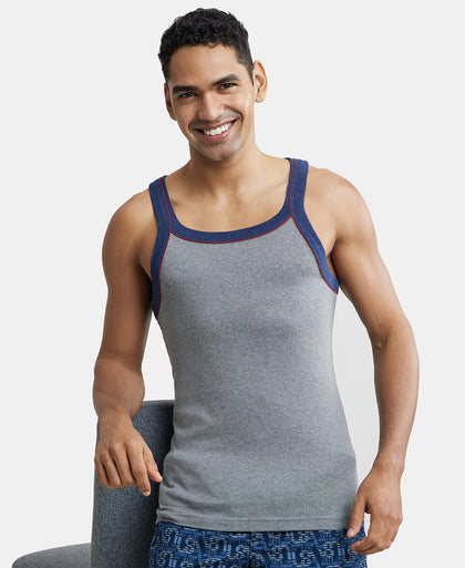 Super Combed Cotton Rib Square Neck Gym Vest with Graphic Print - Grey Melange & Ink Blue-5