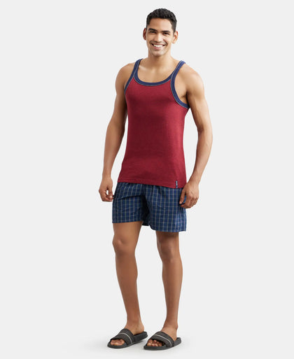 Super Combed Cotton Rib Square Neck Gym Vest with Graphic Print - Red Melange-4