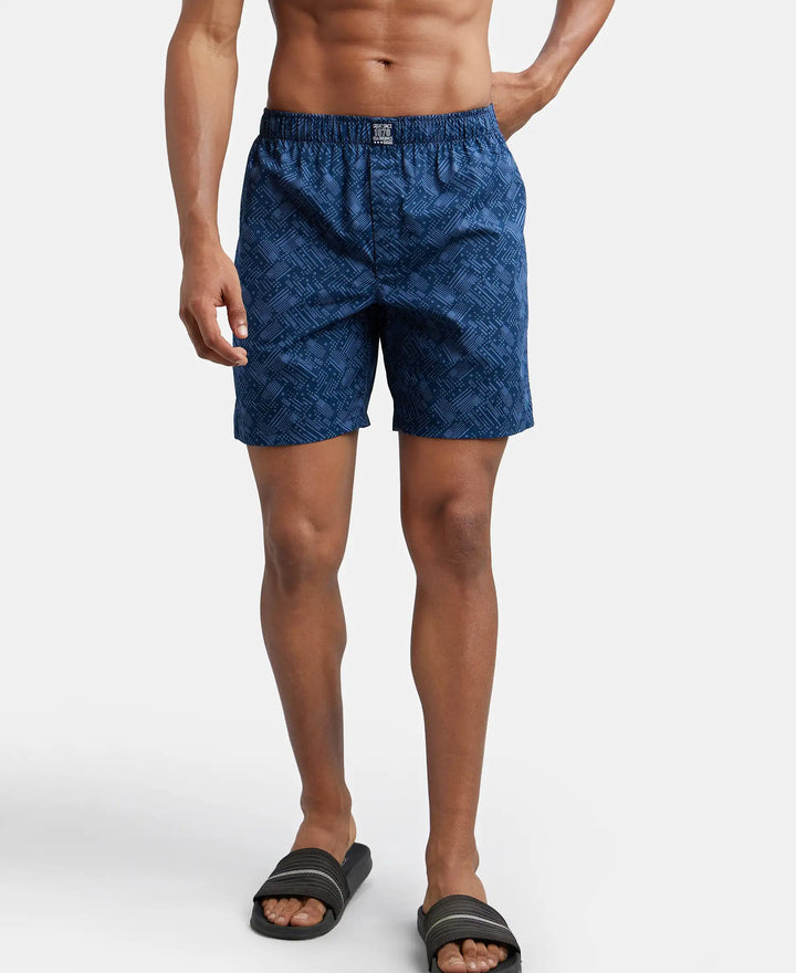 Super Combed Mercerized Cotton Woven Printed Boxer Shorts with Side Pocket - Navy Brick Red-8