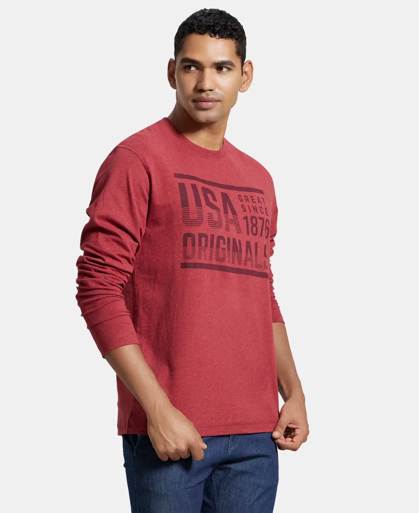 Super Combed Cotton Rich Graphic Printed Round Neck Full Sleeve T-Shirt - Red Melange-2