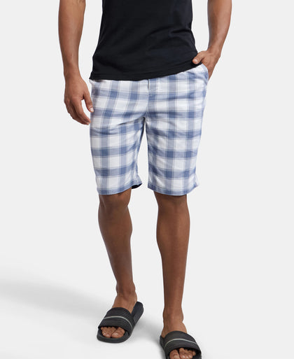 Super Combed Mercerized Cotton Woven Fabric Bermuda with Side Pockets - White & Blue-5