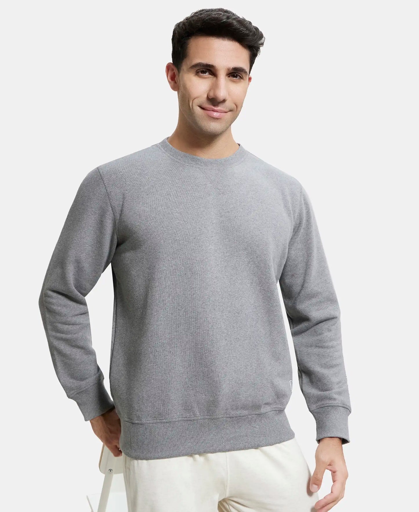 Super Combed Cotton Rich Fleece Sweatshirt with StayWarm Technology - Grey Melange-5