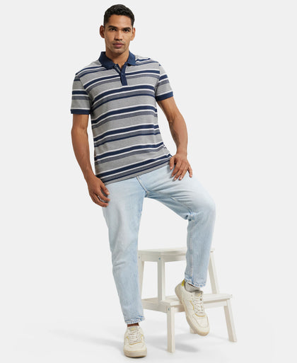 Super Combed Cotton Rich Striped Polo T-Shirt - Grey Melange & Navy-4