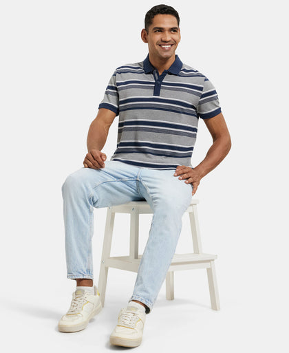 Super Combed Cotton Rich Striped Polo T-Shirt - Grey Melange & Navy-6