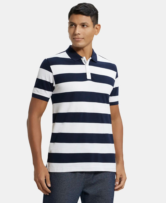 Super Combed Cotton Rich Striped Polo T-Shirt - Navy & White-2
