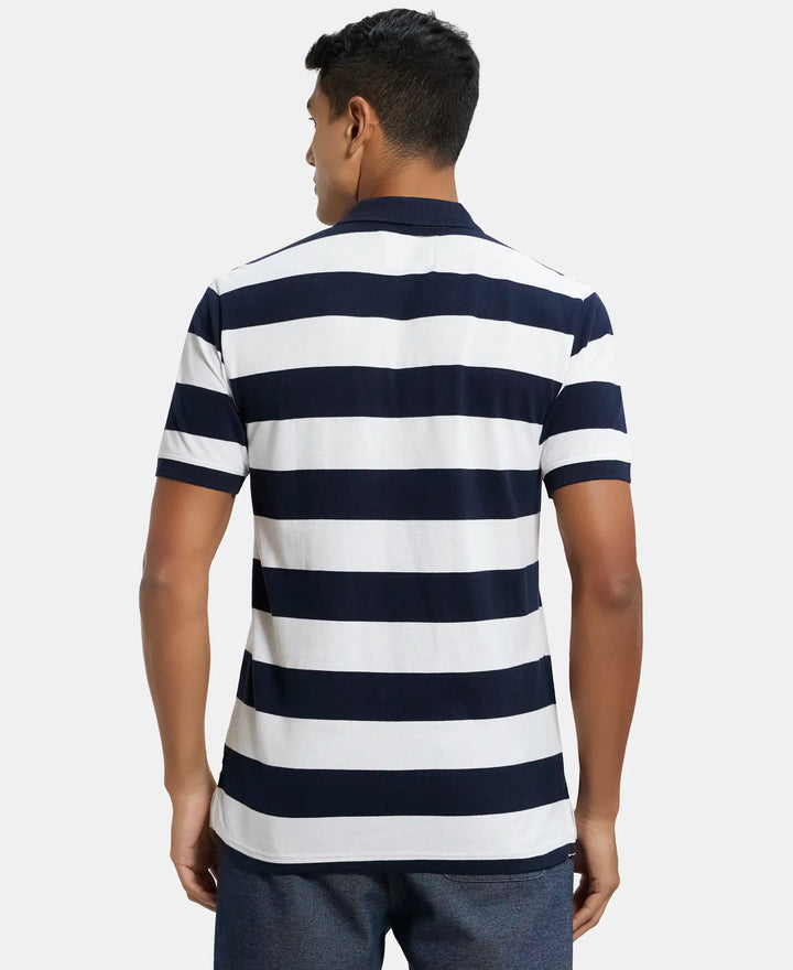 Super Combed Cotton Rich Striped Polo T-Shirt - Navy & White-3