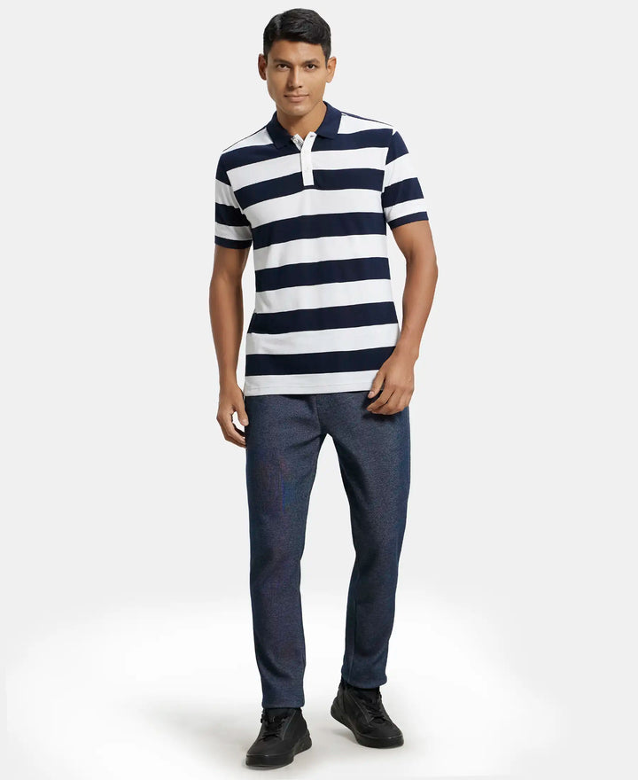 Super Combed Cotton Rich Striped Polo T-Shirt - Navy & White-4