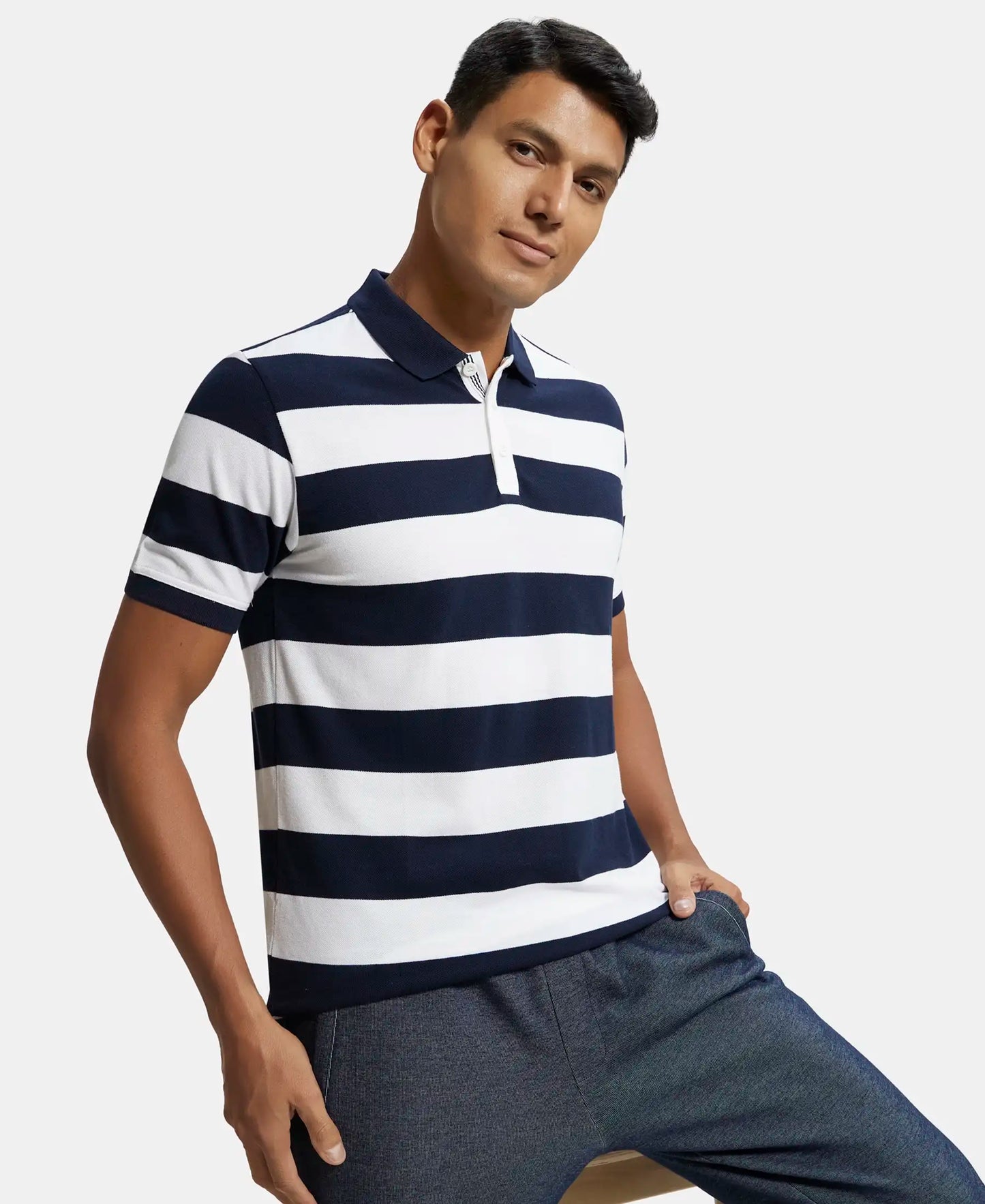 Super Combed Cotton Rich Striped Polo T-Shirt - Navy & White-5