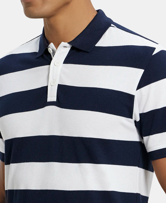 Super Combed Cotton Rich Striped Polo T-Shirt - Navy & White-6
