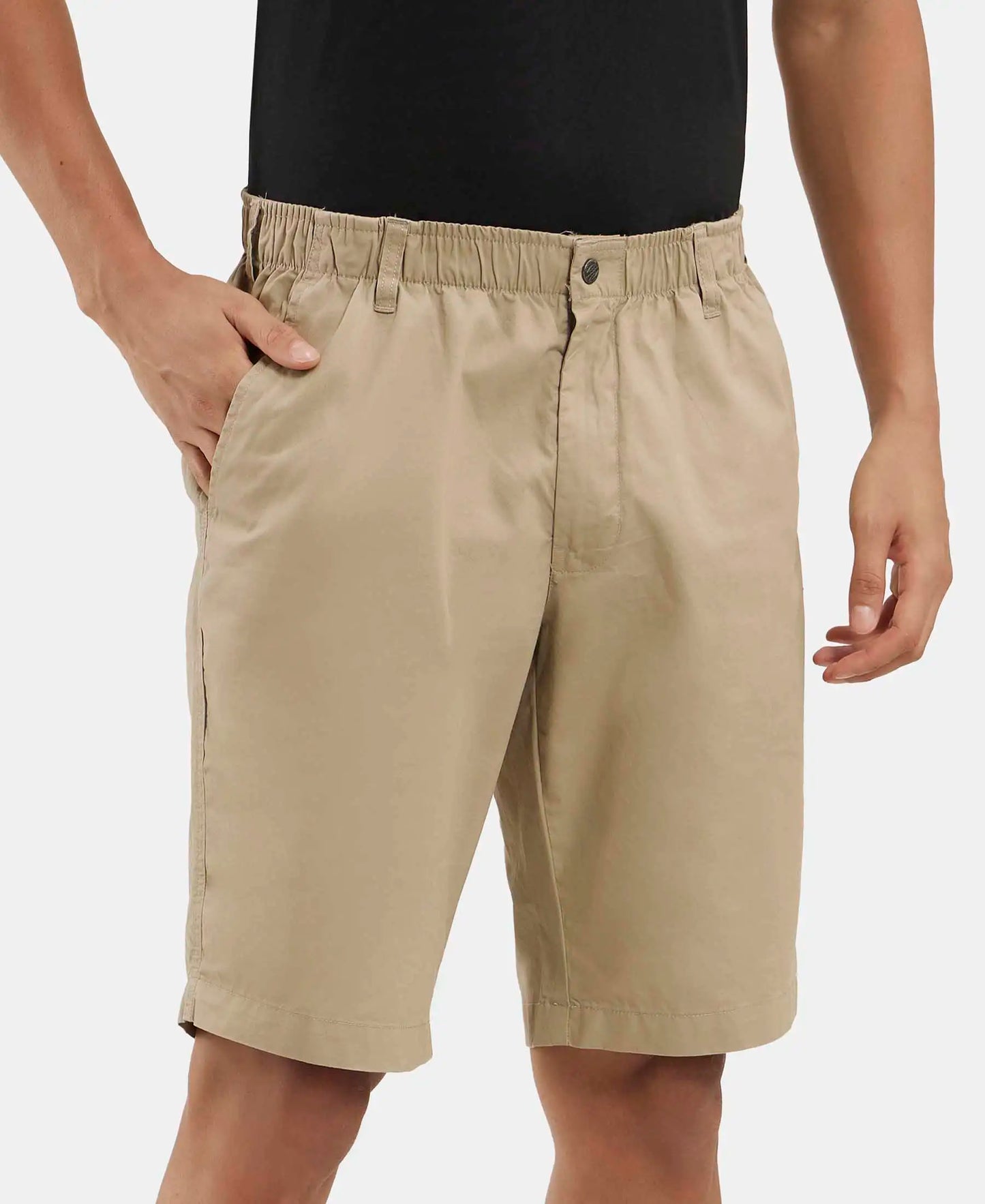 Super Combed Mercerised Cotton Woven Straight Fit Shorts with Side Pockets - Khaki-2