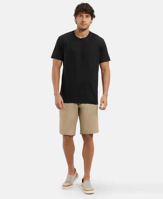 Super Combed Mercerised Cotton Woven Straight Fit Shorts with Side Pockets - Khaki-4