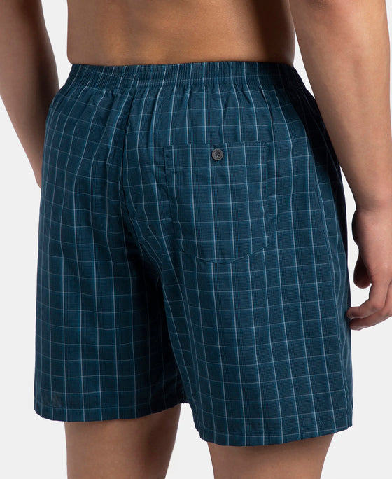 Super Combed Mercerized Cotton Woven Checkered Boxer Shorts with Back Pocket - Dark Forest & Seaport Teal (Pack of 2)