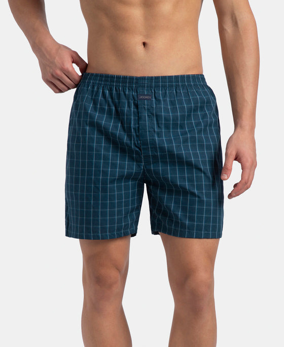 Super Combed Mercerized Cotton Woven Checkered Boxer Shorts with Back Pocket - Dark Forest & Seaport Teal (Pack of 2)