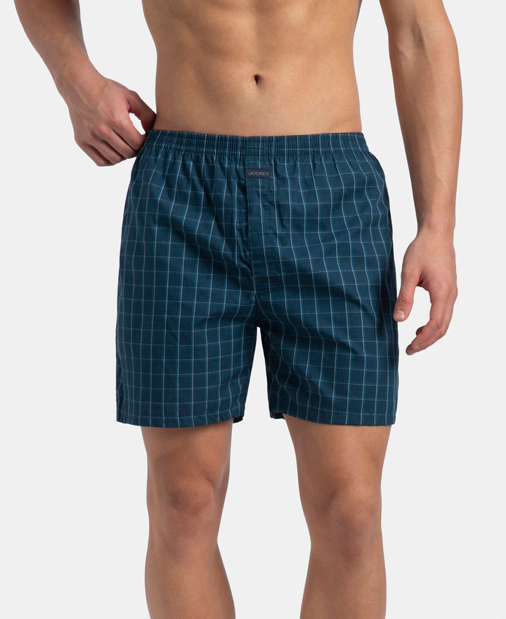 Super Combed Mercerized Cotton Woven Checkered Boxer Shorts with Back Pocket - Dark Forest & Seaport Teal (Pack of 2)