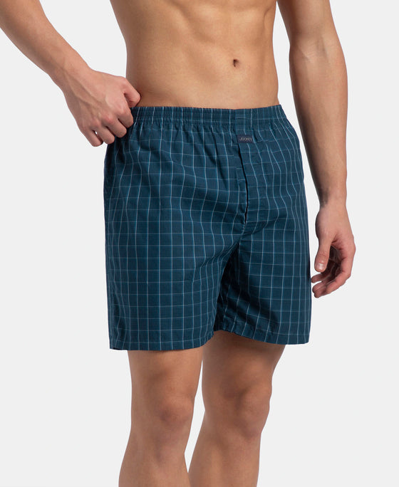 Super Combed Mercerized Cotton Woven Checkered Boxer Shorts with Back Pocket - Dark Forest & Seaport Teal (Pack of 2)