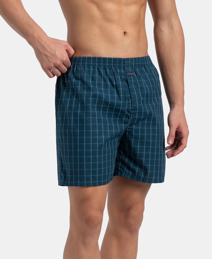 Super Combed Mercerized Cotton Woven Checkered Boxer Shorts with Back Pocket - Dark Forest & Seaport Teal (Pack of 2)