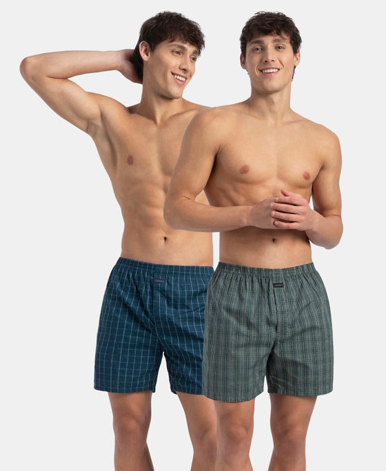 Super Combed Mercerized Cotton Woven Checkered Boxer Shorts with Back Pocket - Dark Forest & Seaport Teal (Pack of 2)