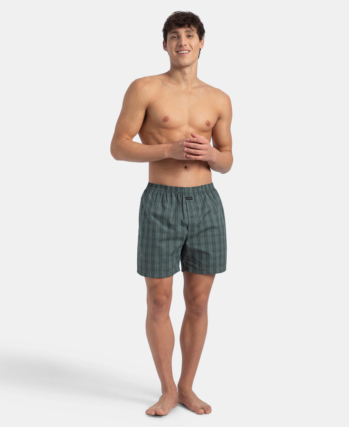 Super Combed Mercerized Cotton Woven Checkered Boxer Shorts with Back Pocket - Dark Forest & Seaport Teal (Pack of 2)