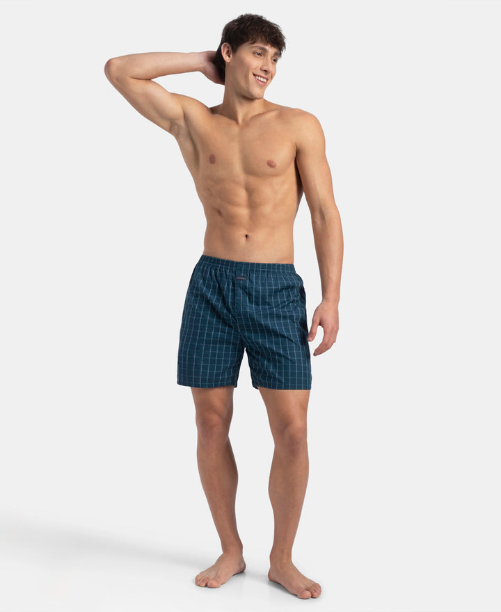 Super Combed Mercerized Cotton Woven Checkered Boxer Shorts with Back Pocket - Dark Forest & Seaport Teal (Pack of 2)