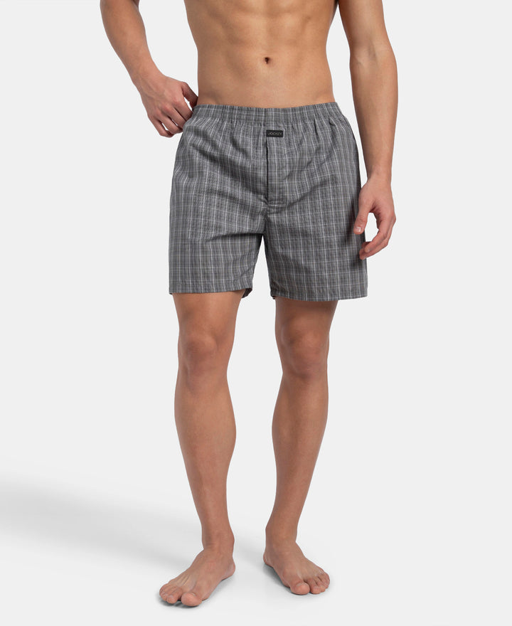Super Combed Mercerized Cotton Woven Checkered Boxer Shorts with Back Pocket - Grey & Black New (Pack of 2)