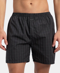 Super Combed Mercerized Cotton Woven Checkered Boxer Shorts with Back Pocket - Grey & Black New (Pack of 2)