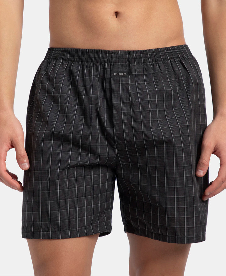 Super Combed Mercerized Cotton Woven Checkered Boxer Shorts with Back Pocket - Grey & Black New (Pack of 2)