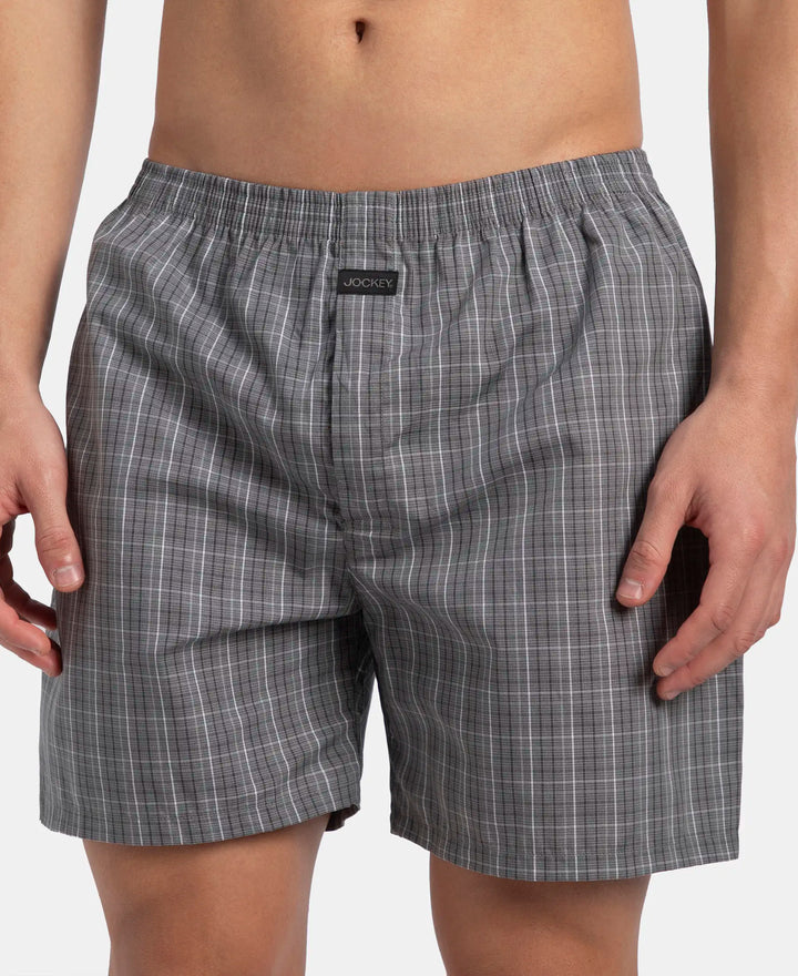 Super Combed Mercerized Cotton Woven Checkered Boxer Shorts with Back Pocket - Grey & Black New (Pack of 2)