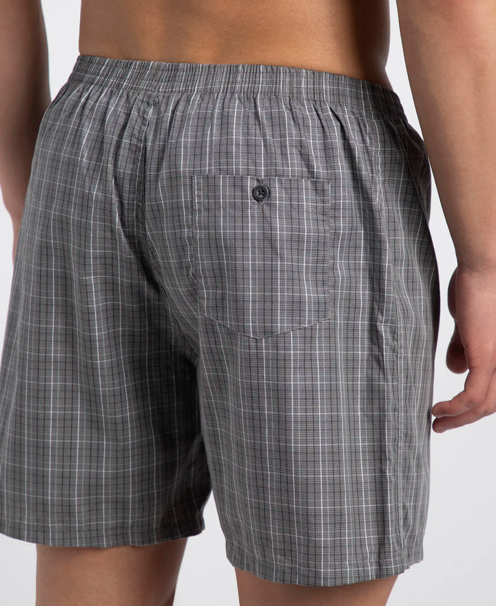 Super Combed Mercerized Cotton Woven Checkered Boxer Shorts with Back Pocket - Grey & Black New (Pack of 2)