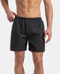 Super Combed Mercerized Cotton Woven Checkered Boxer Shorts with Back Pocket - Grey & Black New (Pack of 2)