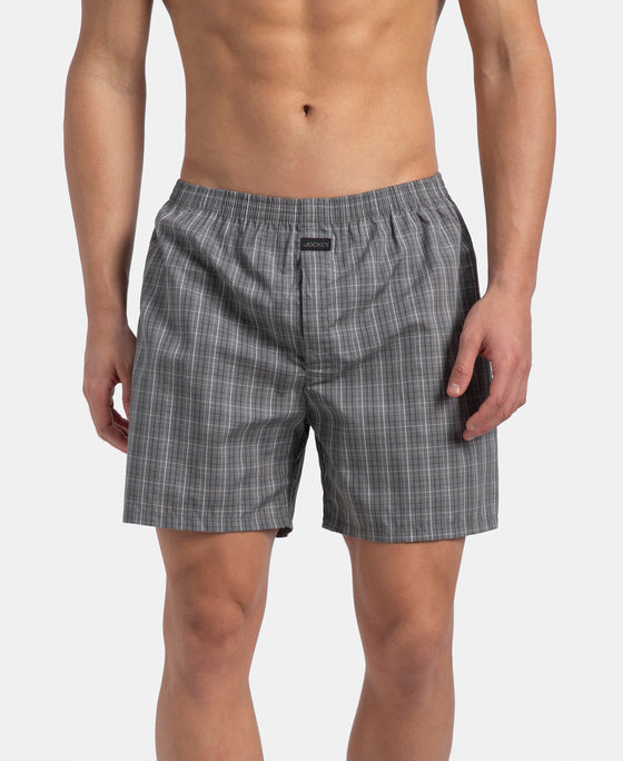 Super Combed Mercerized Cotton Woven Checkered Boxer Shorts with Back Pocket - Grey & Black New (Pack of 2)