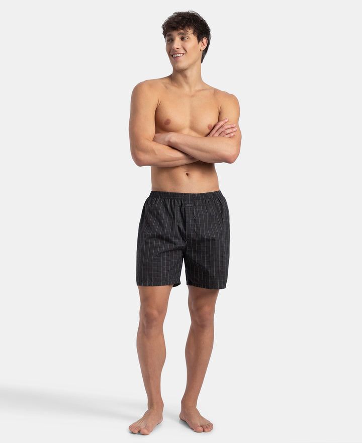 Super Combed Mercerized Cotton Woven Checkered Boxer Shorts with Back Pocket - Grey & Black New (Pack of 2)