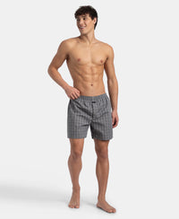 Super Combed Mercerized Cotton Woven Checkered Boxer Shorts with Back Pocket - Grey & Black New (Pack of 2)