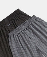 Super Combed Mercerized Cotton Woven Checkered Boxer Shorts with Back Pocket - Grey & Deep Olive (Pack of 2)