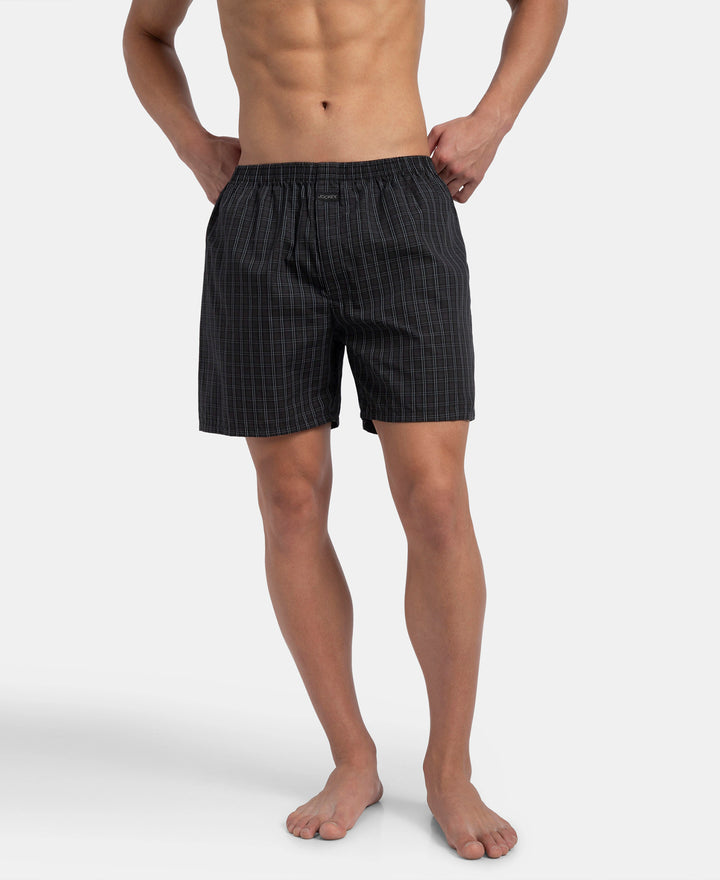 Super Combed Mercerized Cotton Woven Checkered Boxer Shorts with Back Pocket - Vintage Indigo & Black (Pack of 2)