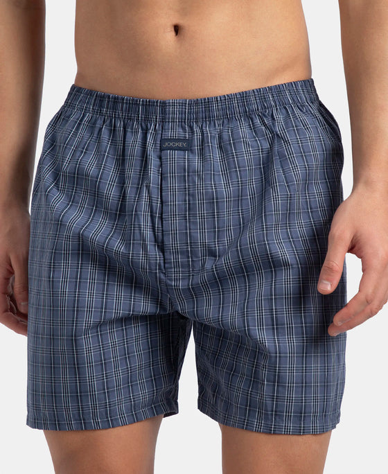 Super Combed Mercerized Cotton Woven Checkered Boxer Shorts with Back Pocket - Vintage Indigo & Black (Pack of 2)