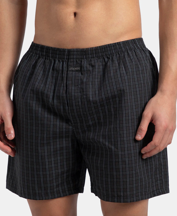 Super Combed Mercerized Cotton Woven Checkered Boxer Shorts with Back Pocket - Vintage Indigo & Black (Pack of 2)