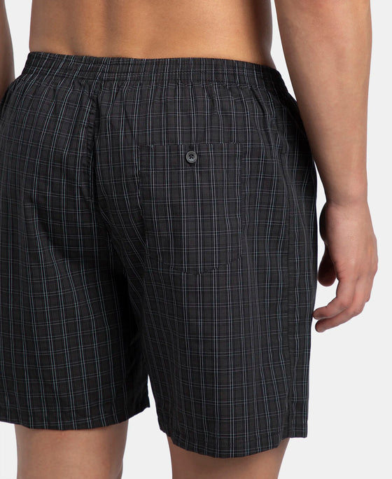 Super Combed Mercerized Cotton Woven Checkered Boxer Shorts with Back Pocket - Vintage Indigo & Black (Pack of 2)