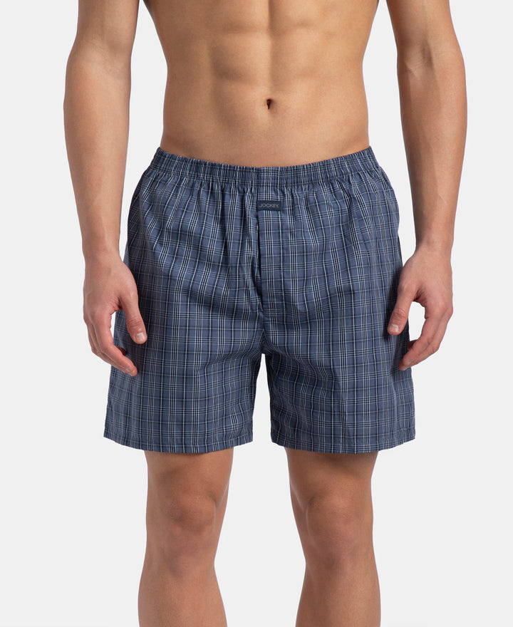 Super Combed Mercerized Cotton Woven Checkered Boxer Shorts with Back Pocket - Vintage Indigo & Black (Pack of 2)