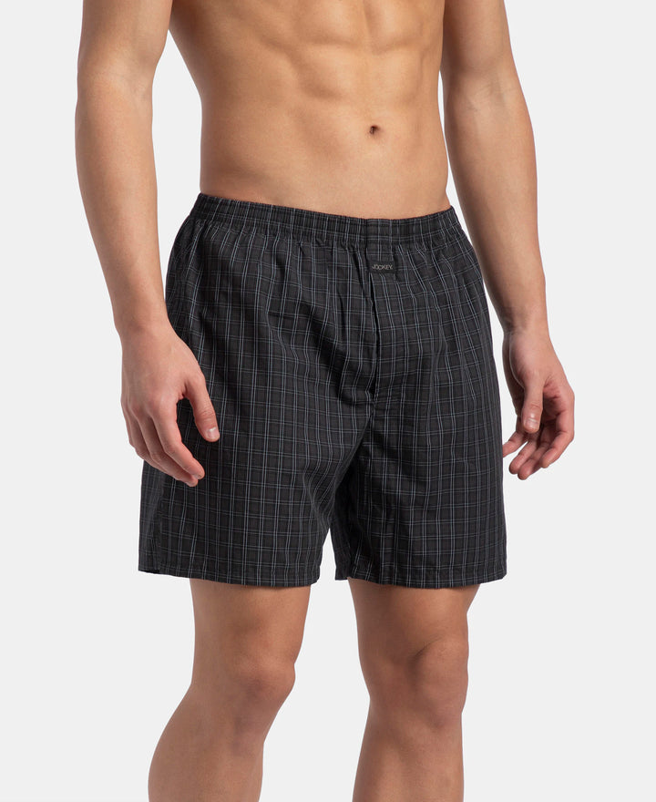 Super Combed Mercerized Cotton Woven Checkered Boxer Shorts with Back Pocket - Vintage Indigo & Black (Pack of 2)