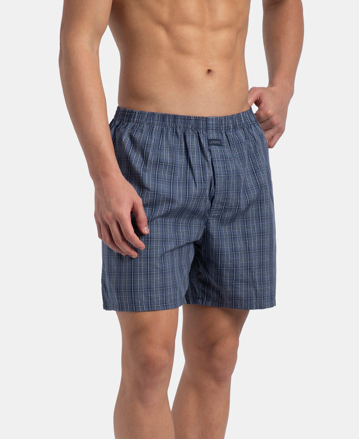 Super Combed Mercerized Cotton Woven Checkered Boxer Shorts with Back Pocket - Vintage Indigo & Black (Pack of 2)
