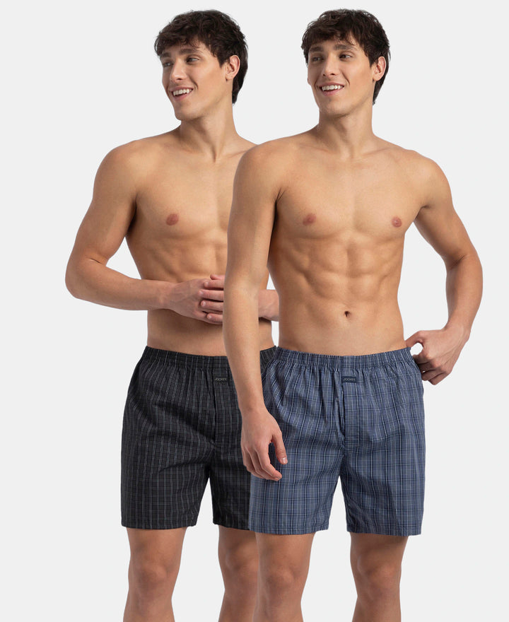 Super Combed Mercerized Cotton Woven Checkered Boxer Shorts with Back Pocket - Vintage Indigo & Black (Pack of 2)