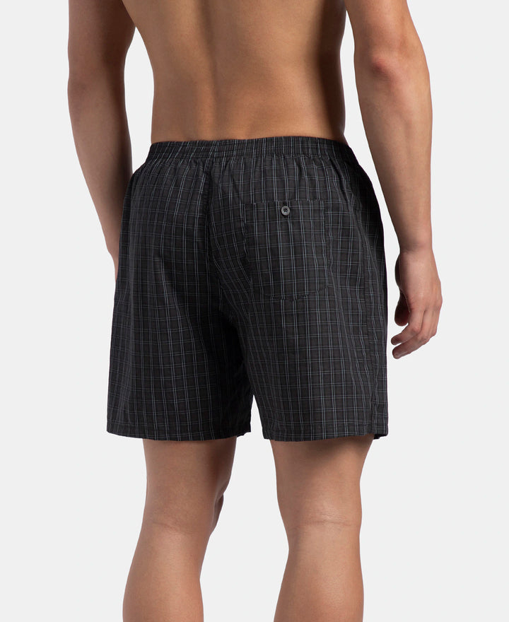 Super Combed Mercerized Cotton Woven Checkered Boxer Shorts with Back Pocket - Vintage Indigo & Black (Pack of 2)