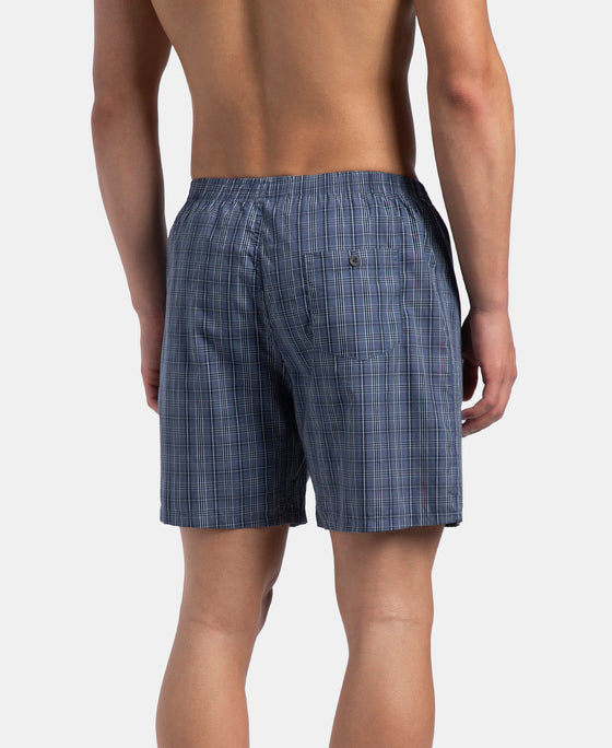 Super Combed Mercerized Cotton Woven Checkered Boxer Shorts with Back Pocket - Vintage Indigo & Black (Pack of 2)