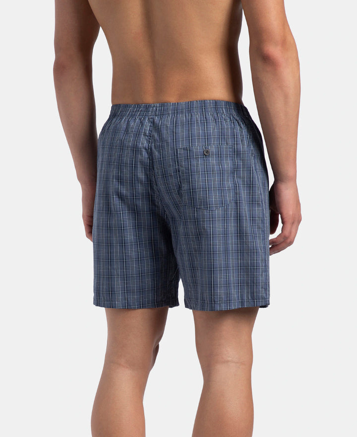 Super Combed Mercerized Cotton Woven Checkered Boxer Shorts with Back Pocket - Vintage Indigo & Black (Pack of 2)