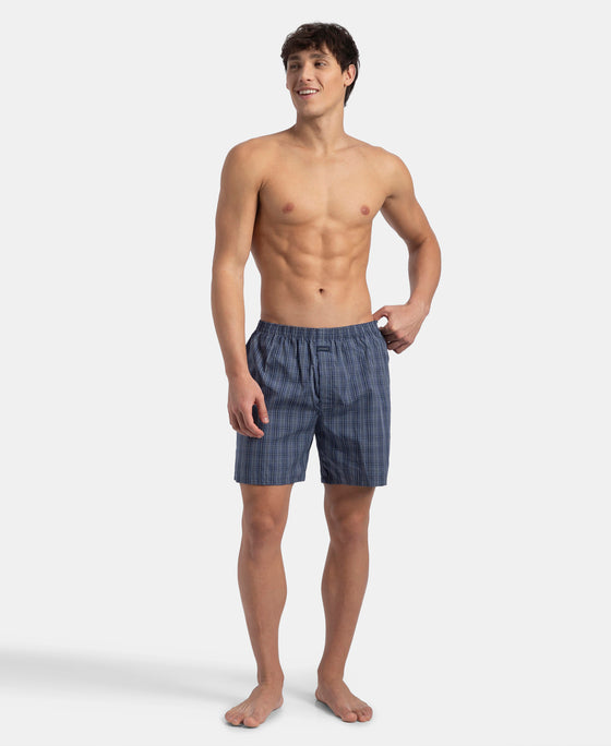 Super Combed Mercerized Cotton Woven Checkered Boxer Shorts with Back Pocket - Vintage Indigo & Black (Pack of 2)
