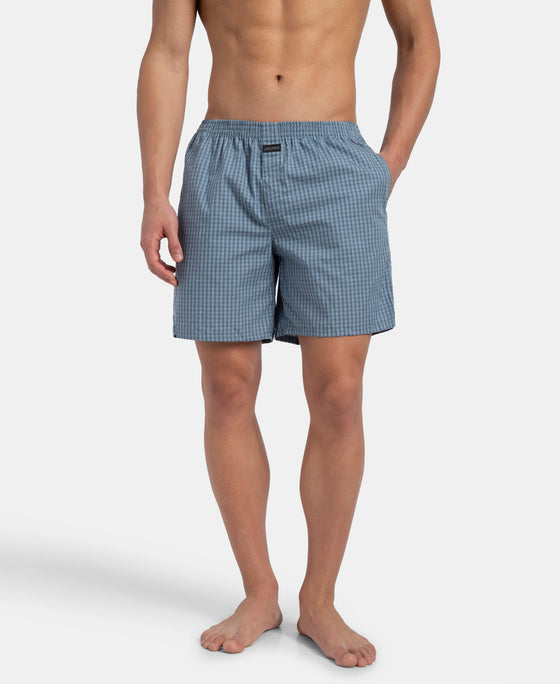 Super Combed Mercerized Cotton Woven Checkered Boxer Shorts with Back Pocket - Navy & Blue Shadow New (Pack of 2)