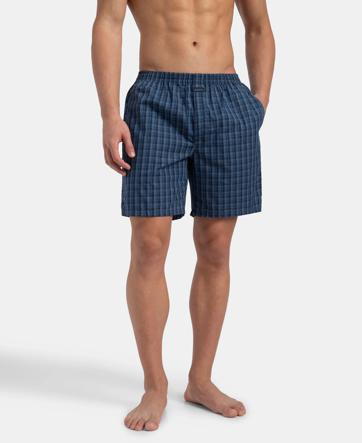 Super Combed Mercerized Cotton Woven Checkered Boxer Shorts with Back Pocket - Navy & Blue Shadow New (Pack of 2)