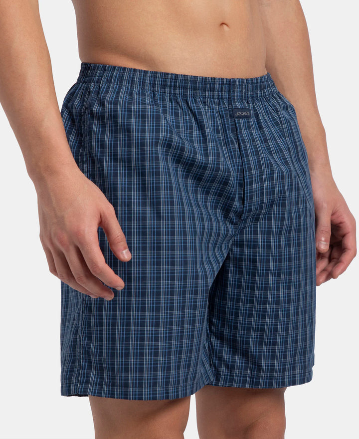 Super Combed Mercerized Cotton Woven Checkered Boxer Shorts with Back Pocket - Navy & Blue Shadow New (Pack of 2)