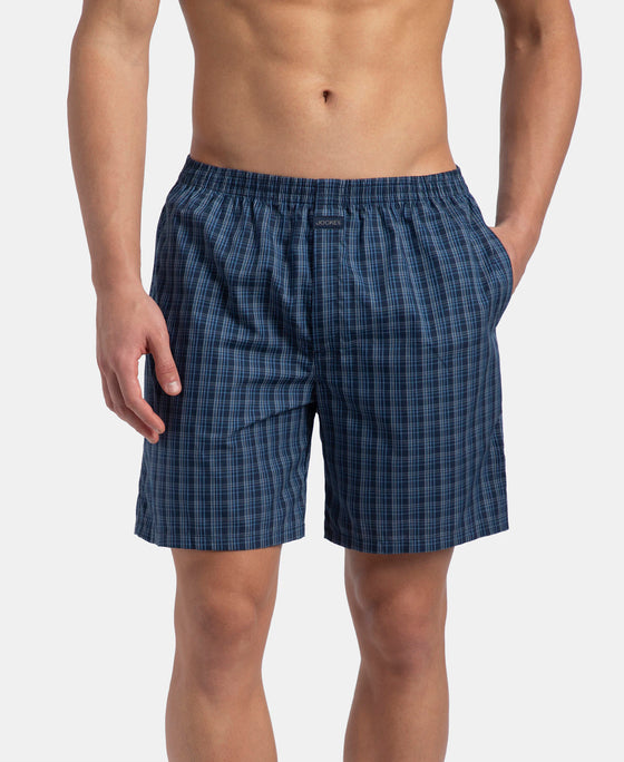 Super Combed Mercerized Cotton Woven Checkered Boxer Shorts with Back Pocket - Navy & Blue Shadow New (Pack of 2)
