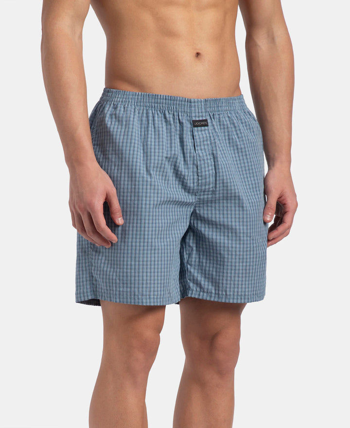 Super Combed Mercerized Cotton Woven Checkered Boxer Shorts with Back Pocket - Navy & Blue Shadow New (Pack of 2)